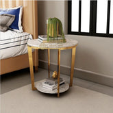 Gold Faux Marble Round End Table with Storage Shelf